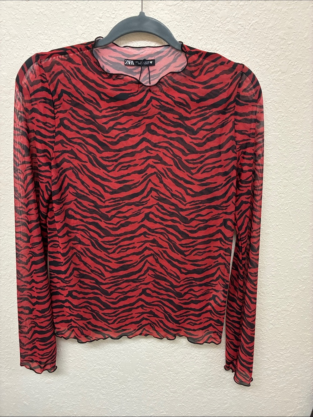 ZARA Red Zebra Stretchy MeshTulle Lettuce Edge Long Sleeve Top -  Large